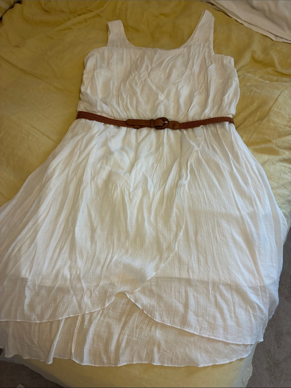 Avenue White Sleeveless Layered Midi Dress with Brown Braided Belt